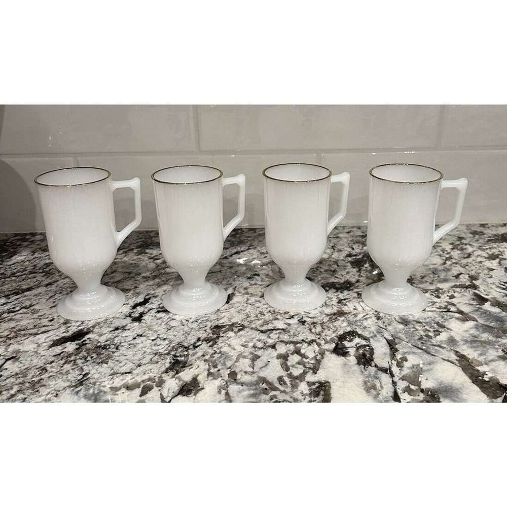 Vintage Hazel Atlas Pedestal Mugs - Lot of 4- White Milk Glass With Gold Rims
